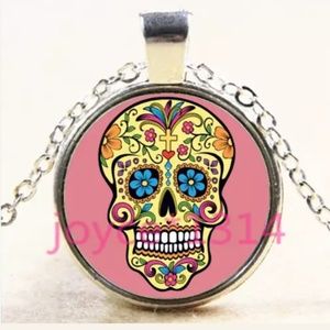 Yellow & Pink Sugar Skull Silver & Glass Necklace